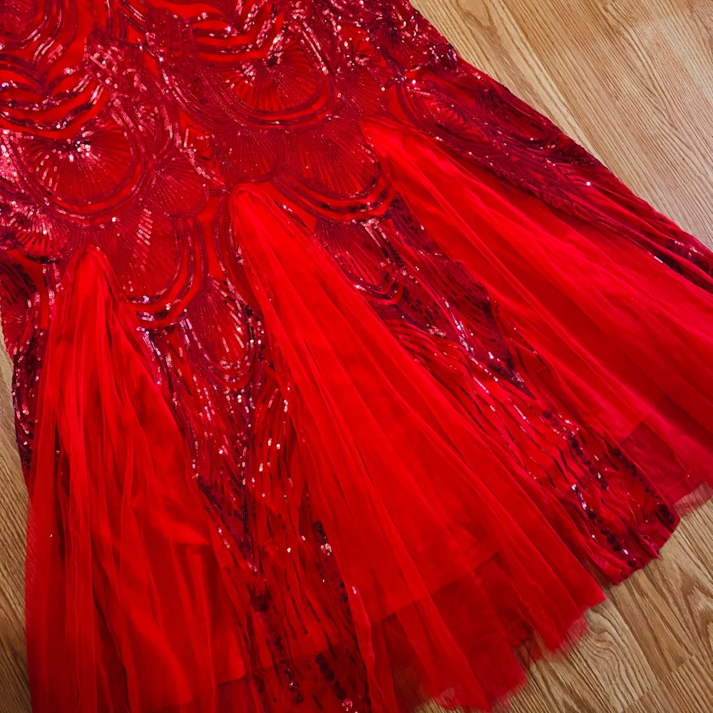 Red Sequence Dress With Sheer Bottom. - image 2